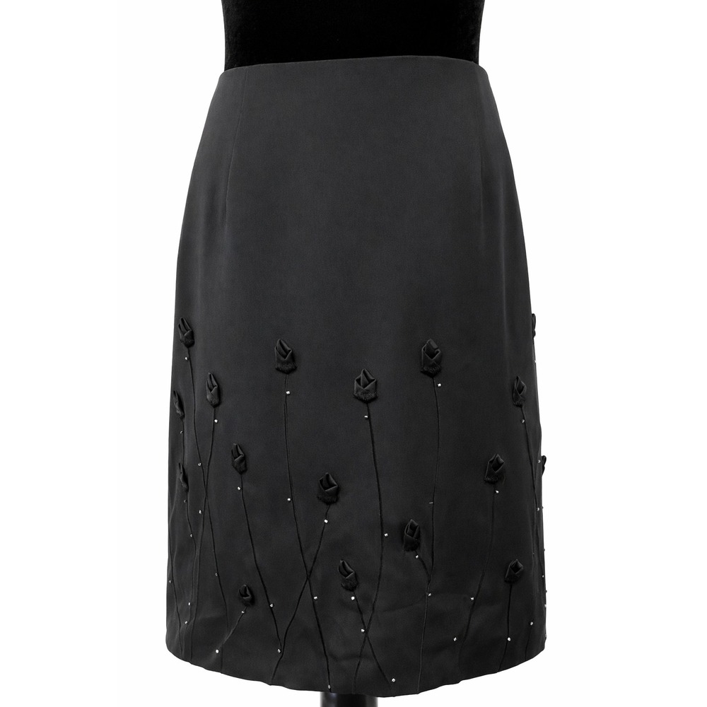 Cache Womens Rosebud Straight Pencil Skirt Size‎ 4 Black Silk Lined Beaded Trim